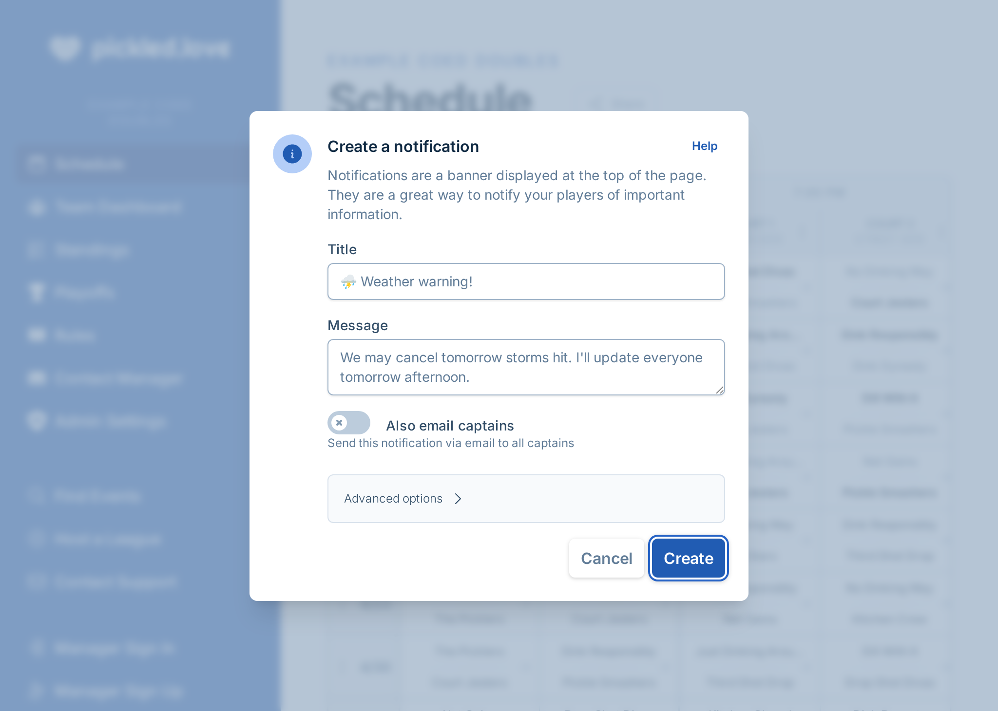 A screenshot showing the notification creation form, where a manager is notifying captains matches may be canceled if the radar doesn't improve