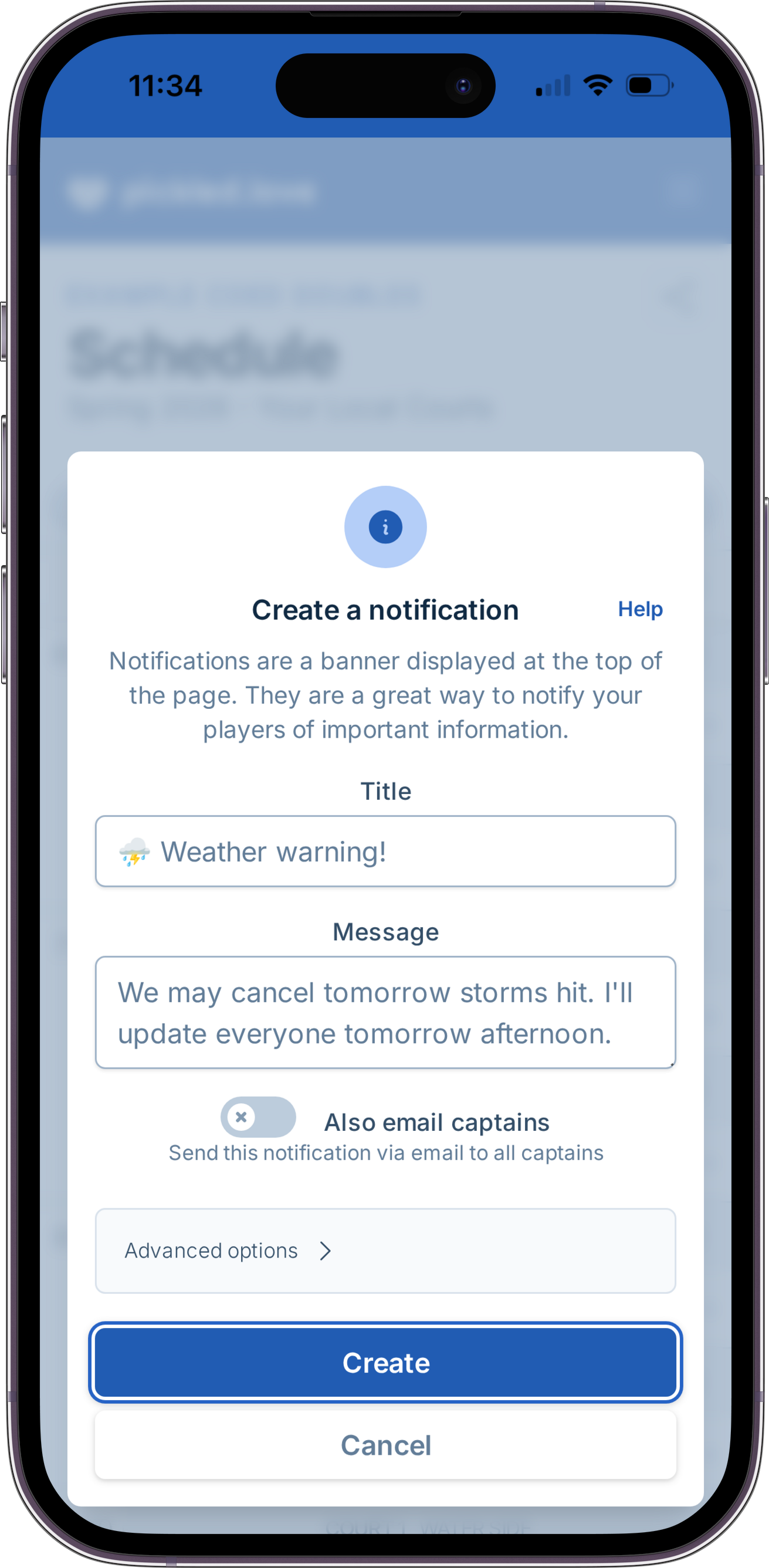 A screenshot showing the notification creation form, where a manager is notifying captains matches may be canceled if the radar doesn't improve