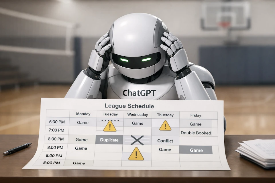 Image Alt-text: Frustrated robot with ChatGPT on its chest looking at a league schedule with multiple mistakes.