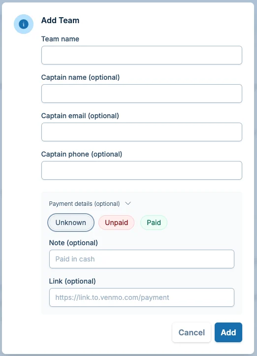 Add team dialog in pickled.love, a pickleball team signup platform
