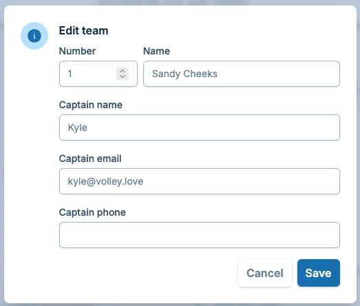 Edit team dialog in pickled.love, a pickleball league admin workspace