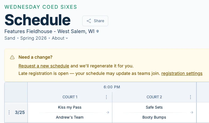 Late registration schedule change banner in pickled.love, a pickleball schedule adjustment tool