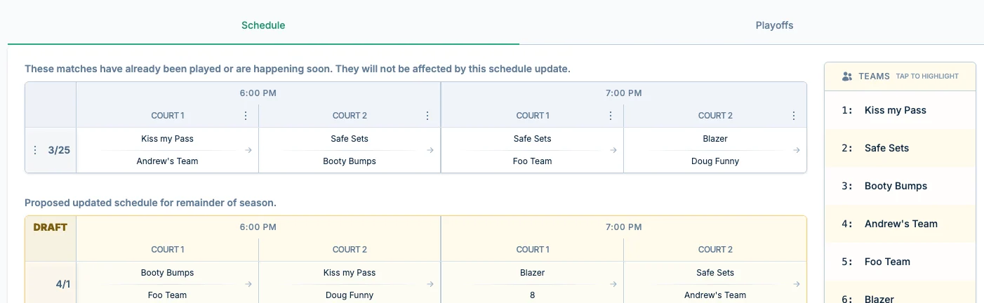 Late registration schedule review in pickled.love, a pickleball scheduling platform for late entries