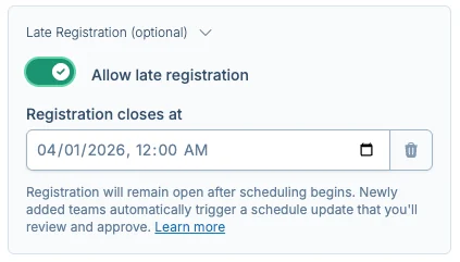 Late registration settings in pickled.love, a pickleball registration management platform