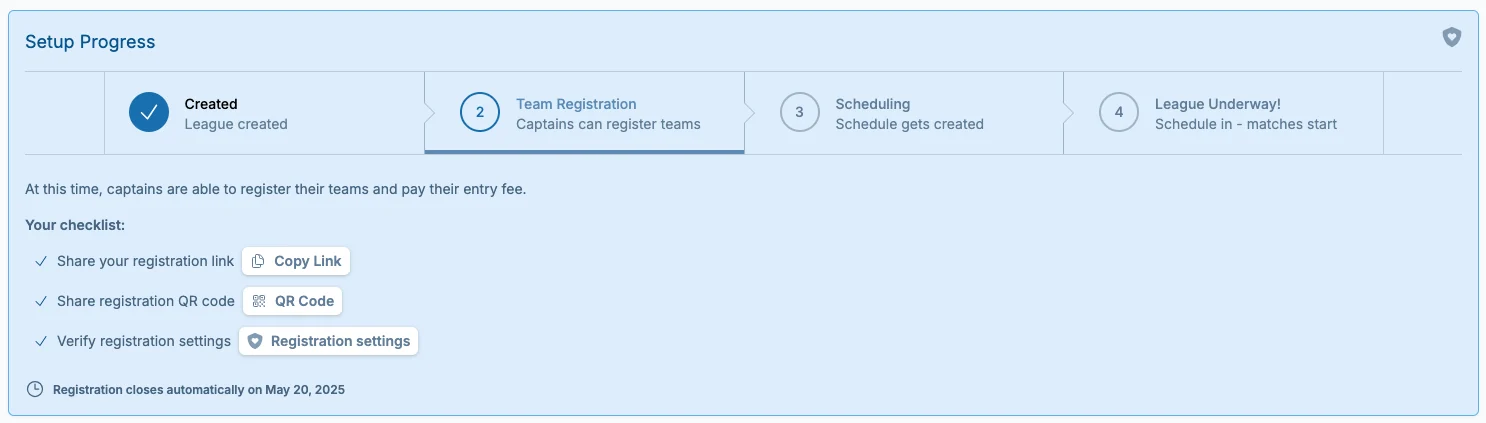League setup progress bar in pickled.love, a pickleball registration workflow tool