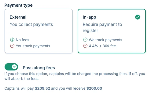 Pass along fees option in pickled.love, a pickleball checkout tool for registrations