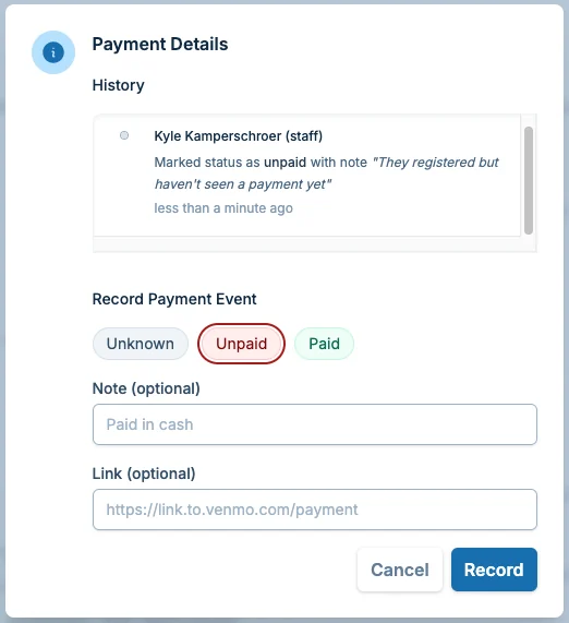 Team payment details dialog in pickled.love, a pickleball registration payments dashboard