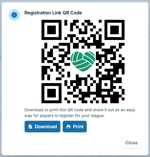 Registration QR code dialog in pickled.love, a pickleball sign-up link sharing tool