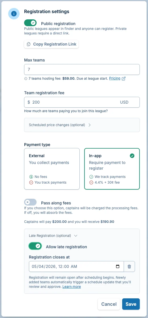 League registration settings in pickled.love, a pickleball registration and payments app