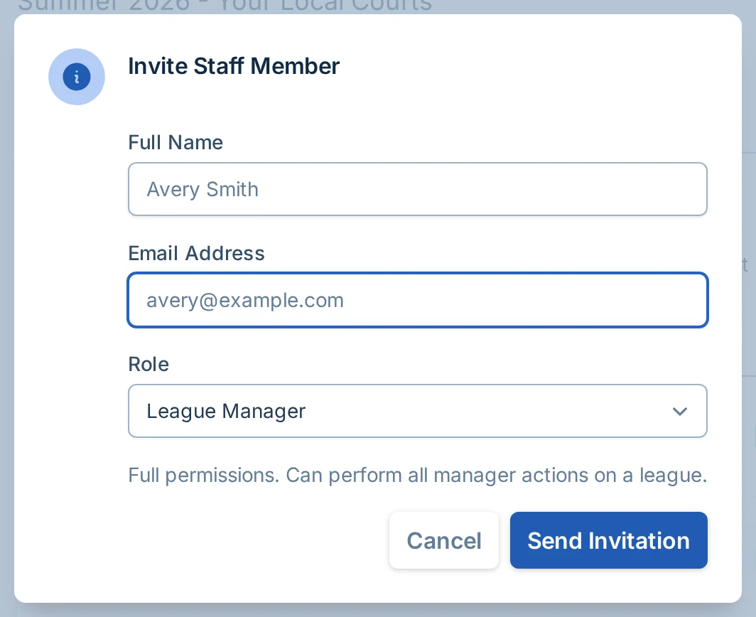 Invite staff member dialog in pickled.love, a pickleball staff permissions tool