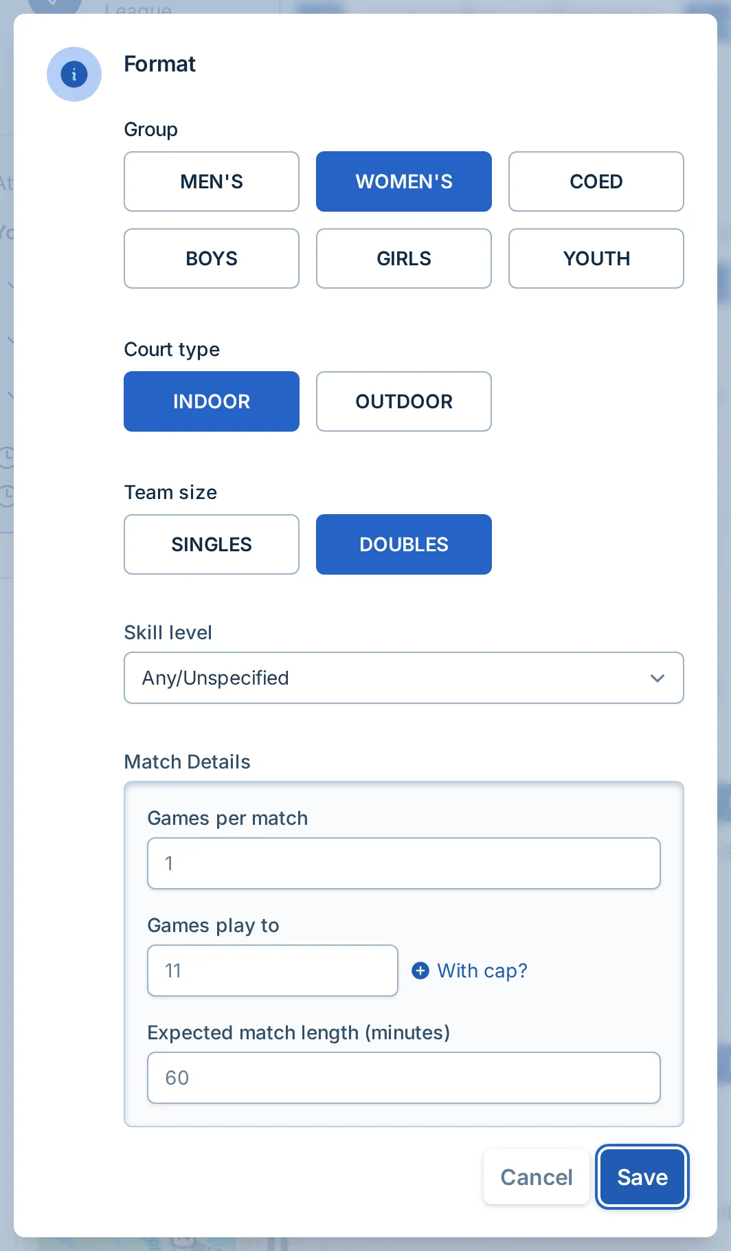 Edit format dialog in pickled.love, a pickleball league setup editor