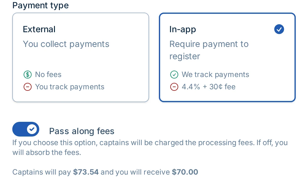 Pass along fees option in pickled.love, a pickleball checkout and registration tool