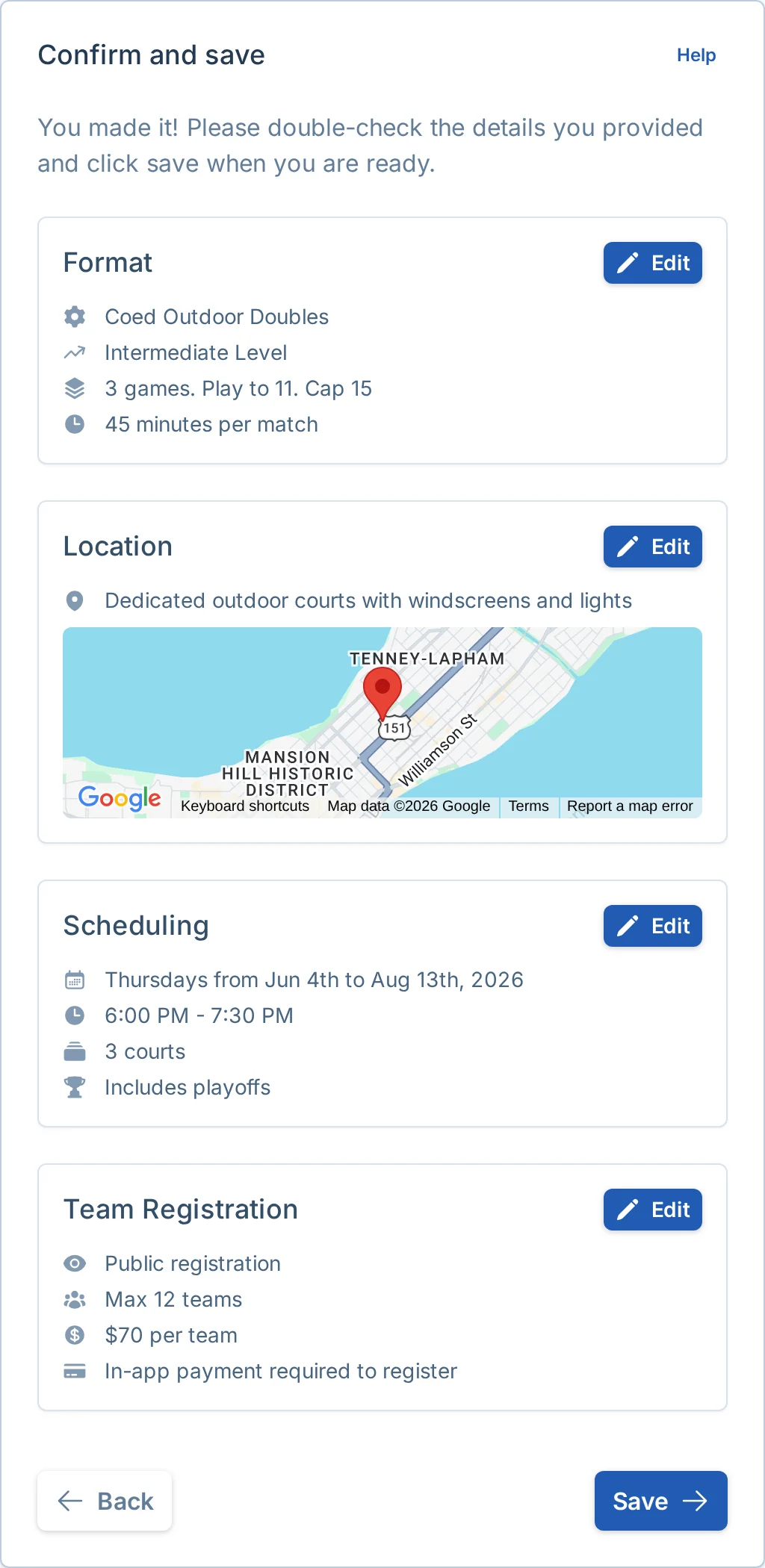 Create league review and save step in pickled.love, a pickleball league launch app