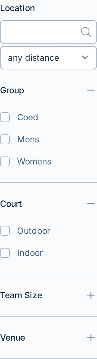 League finder filters in pickled.love, a pickleball league search page