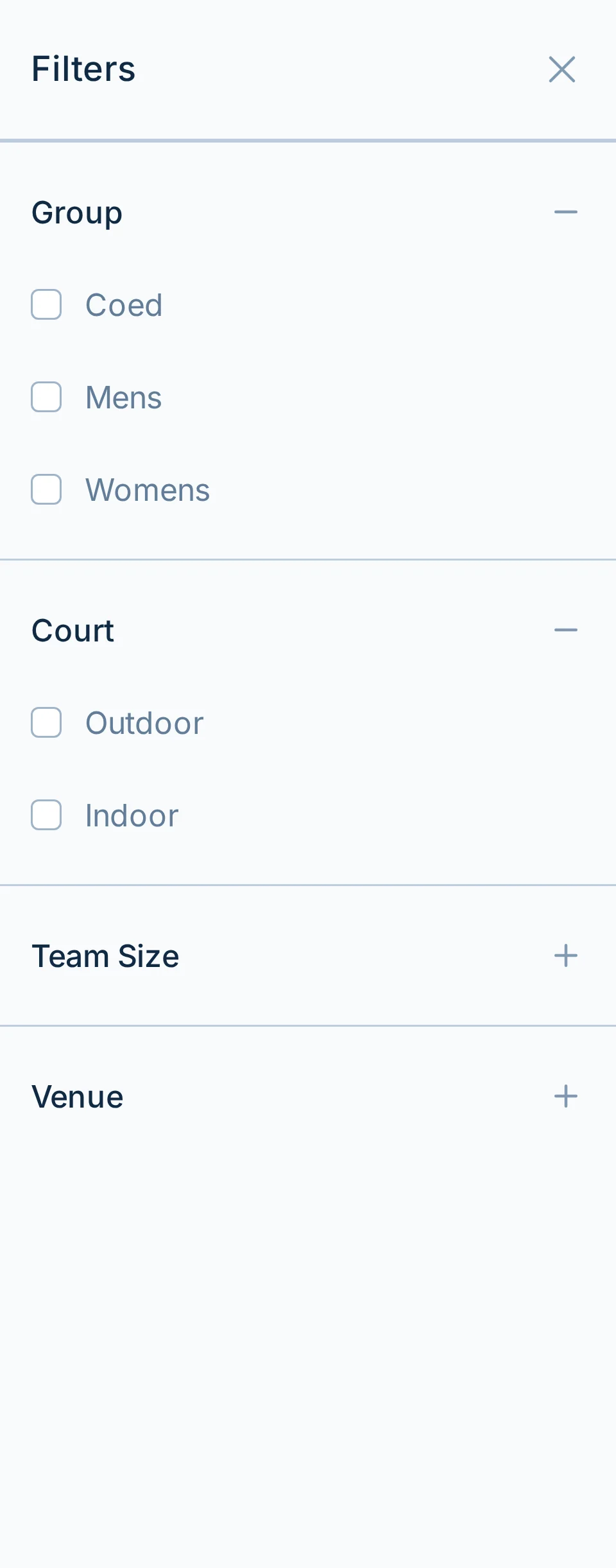 Mobile league finder filters in pickled.love, a pickleball league search page