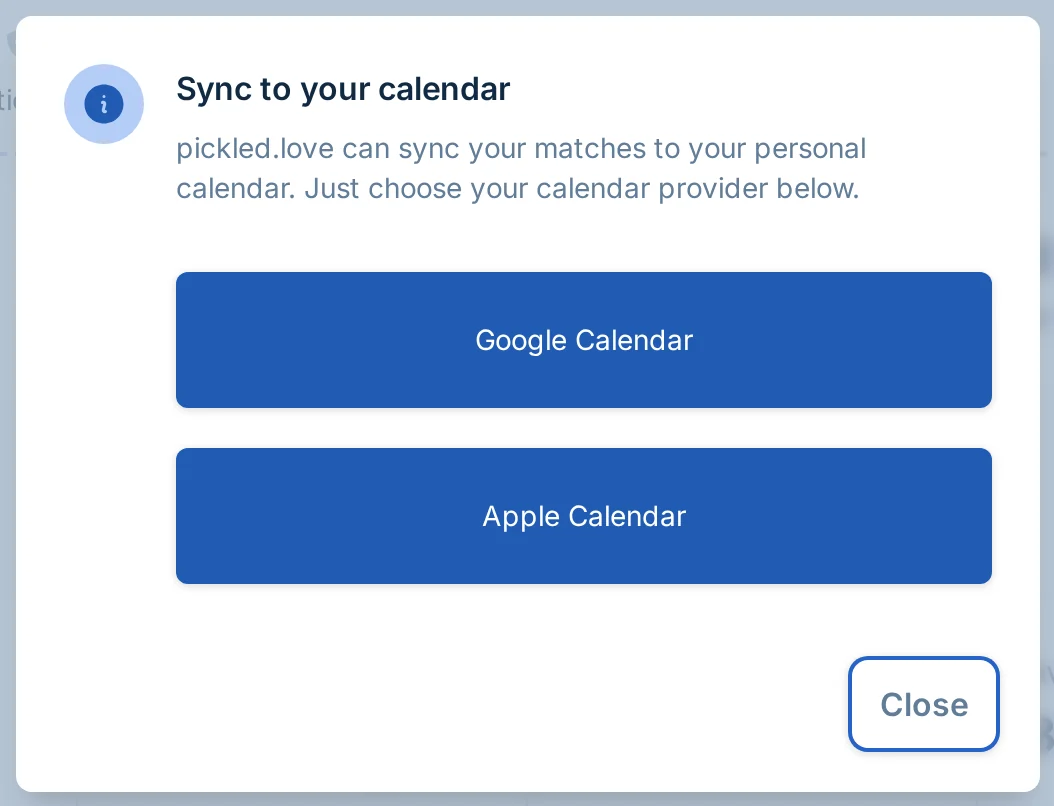 Calendar sync dialog on the pickled.love team dashboard for a pickleball league