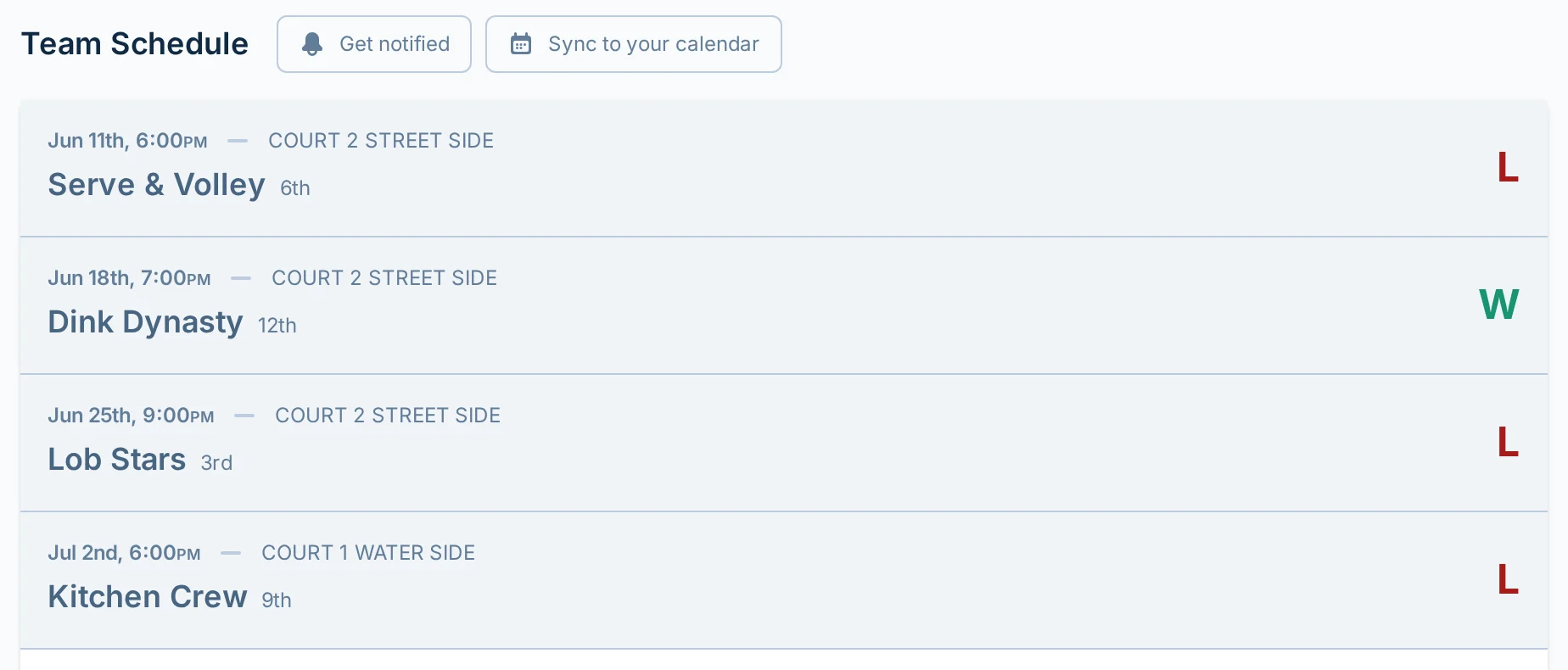 Team schedule section on the pickled.love team dashboard for a pickleball league