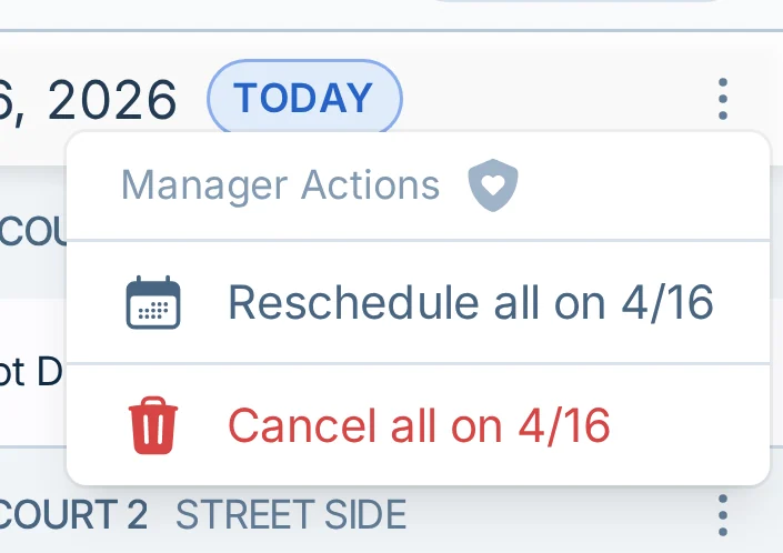 Mobile cancel all matches menu in pickled.love, a pickleball schedule management tool