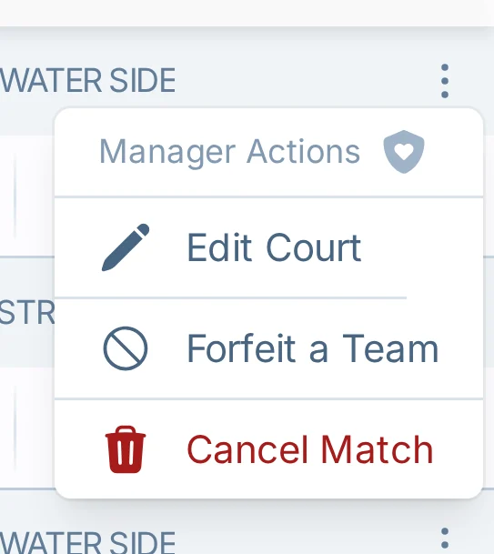 Mobile cancel match menu in pickled.love, a pickleball game-day management app
