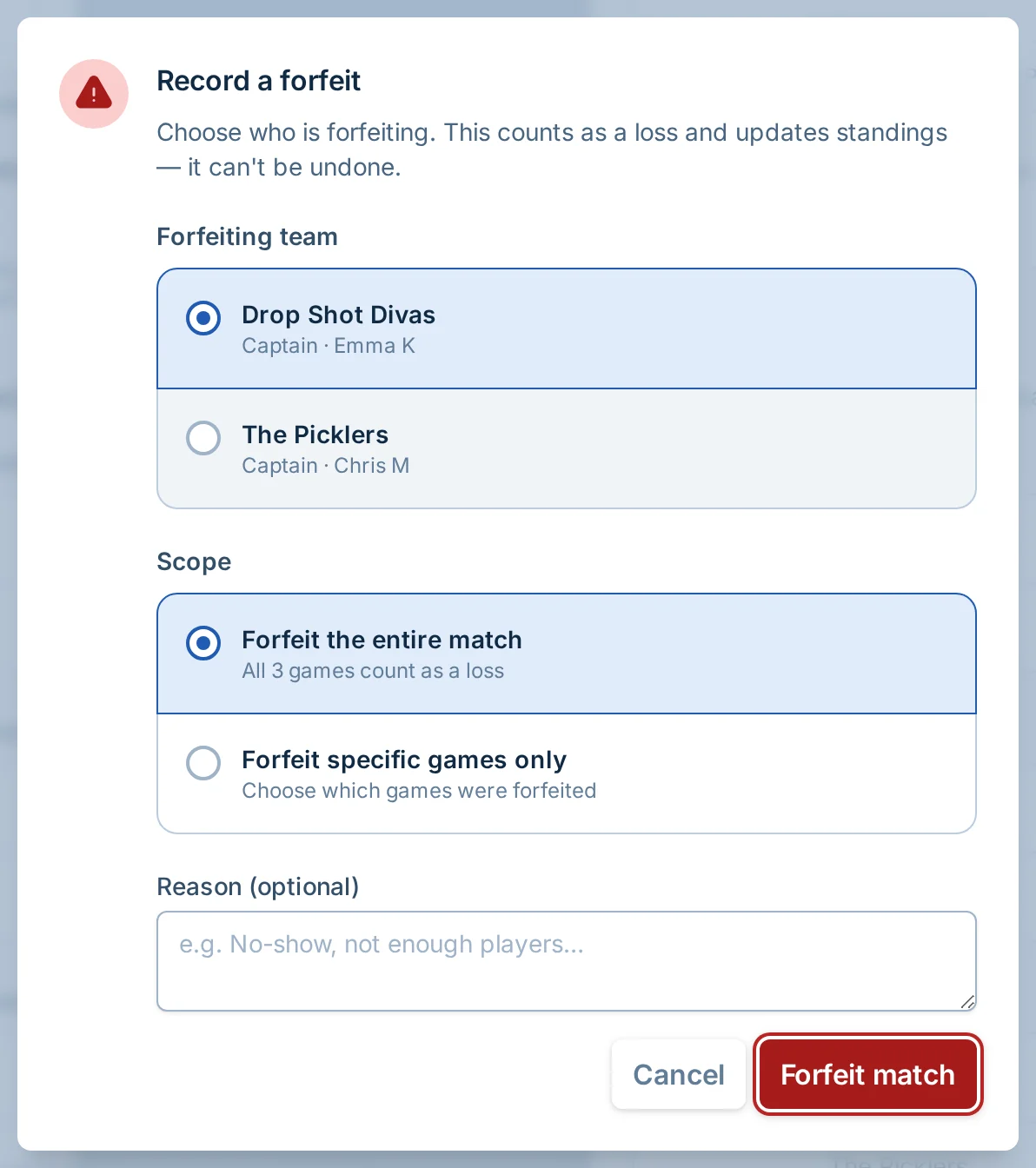 Forfeit or no-show dialog in pickled.love, a pickleball league score reporting app