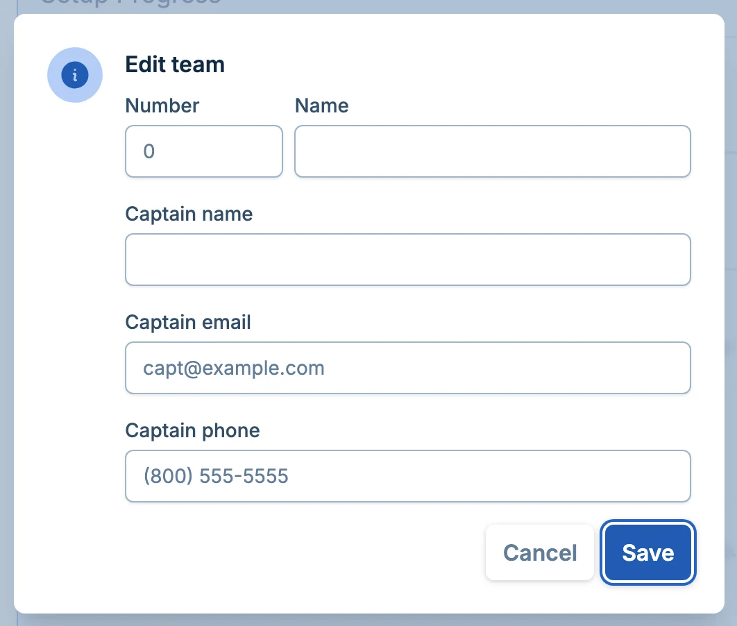 Edit team dialog in pickled.love, a pickleball league admin workspace