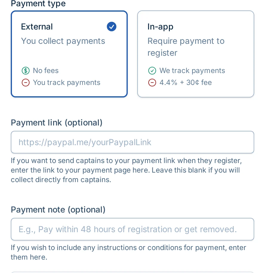 External payment link and note fields in pickled.love, a pickleball registration payments settings screen