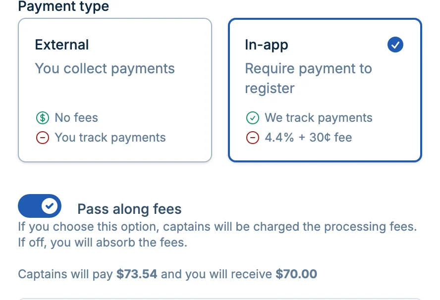 Pass along fees option in pickled.love, a pickleball checkout tool for registrations