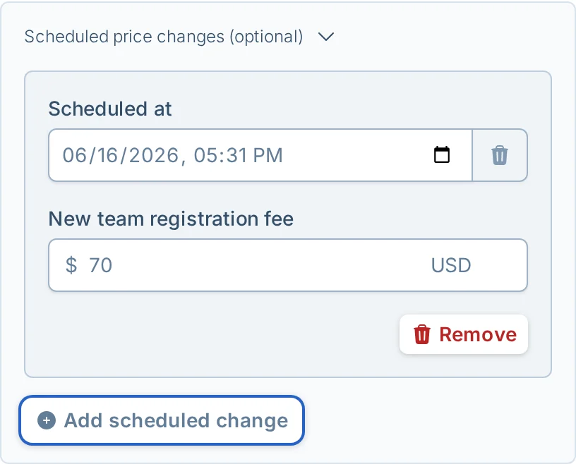 Scheduled registration price change controls in pickled.love, a pickleball league signup pricing screen