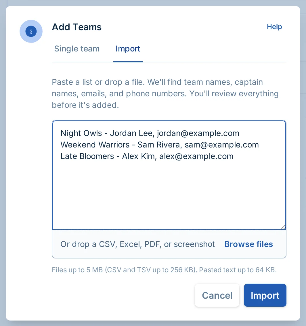 Import teams dialog in pickled.love, a pickleball team management tool