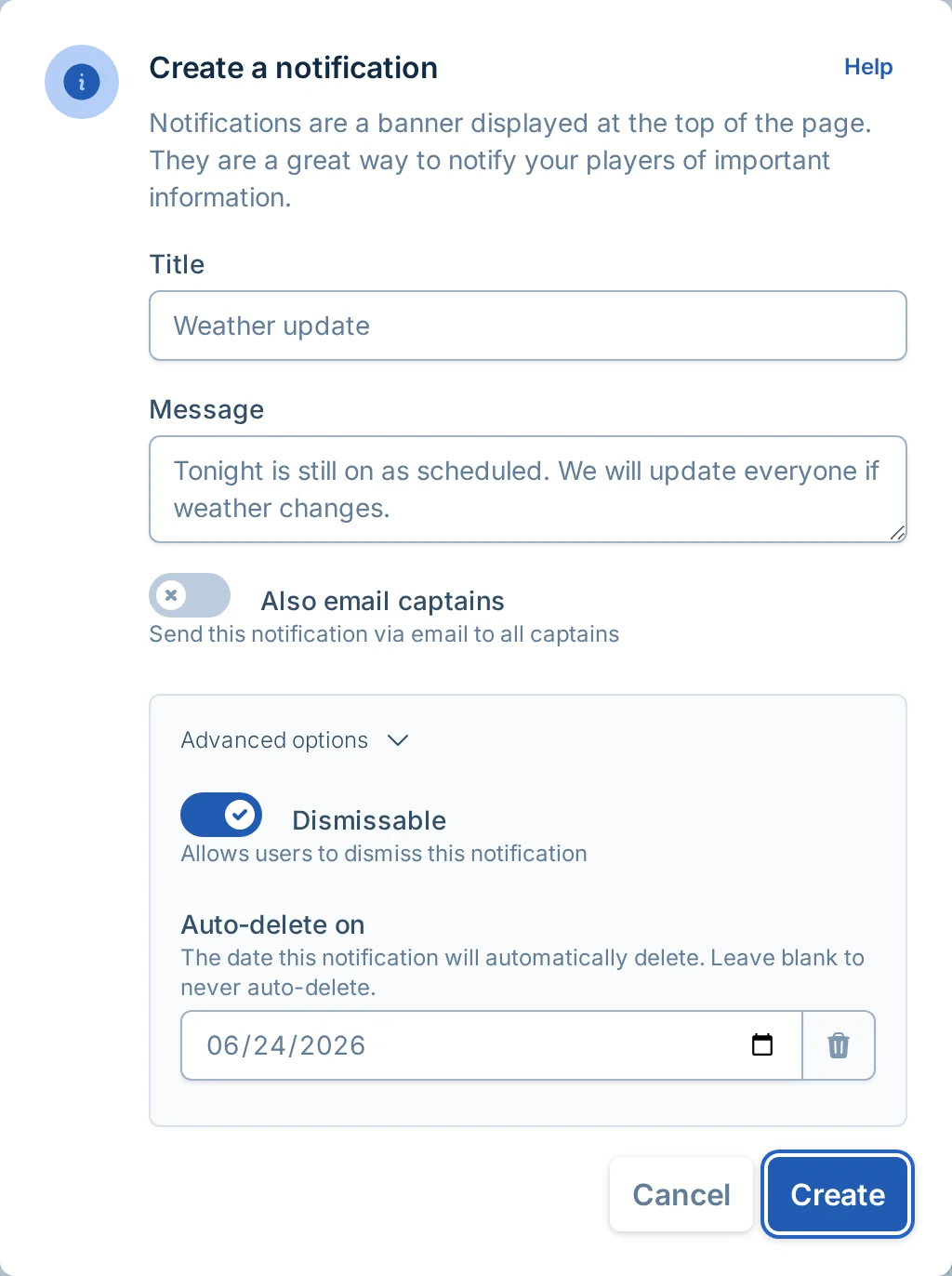 Notification advanced options in pickled.love, a pickleball league manager communication tool