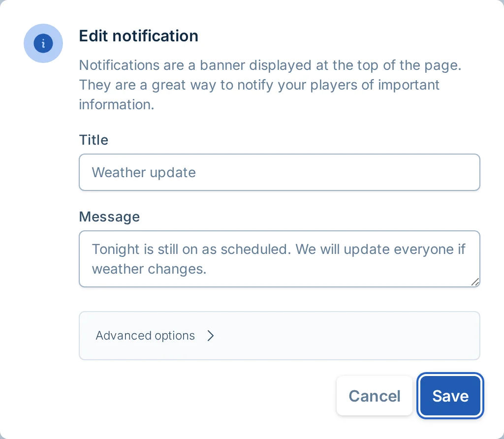 Edit notification dialog in pickled.love, a pickleball league manager communication tool