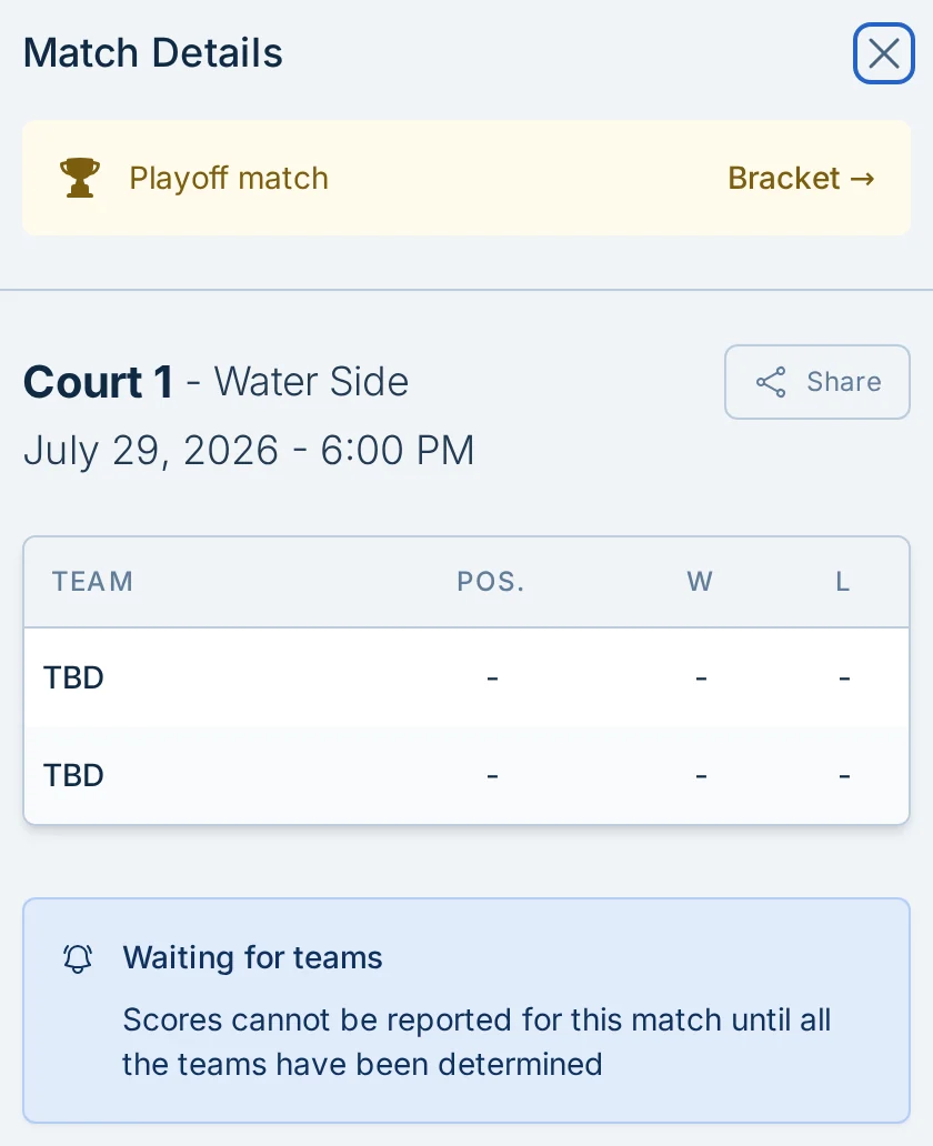 Playoff match details with a bracket link in pickled.love, a pickleball score reporting app